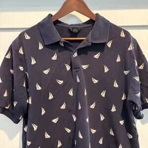 Brooks Brothers 346 Polo Men Large Navy Blue Sailing Boats Geometric Nautical‎